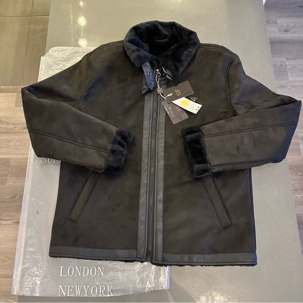 Men’s Jacket, Black Buckle Mock Neck, Faux Fir lining & cuff sleeve.